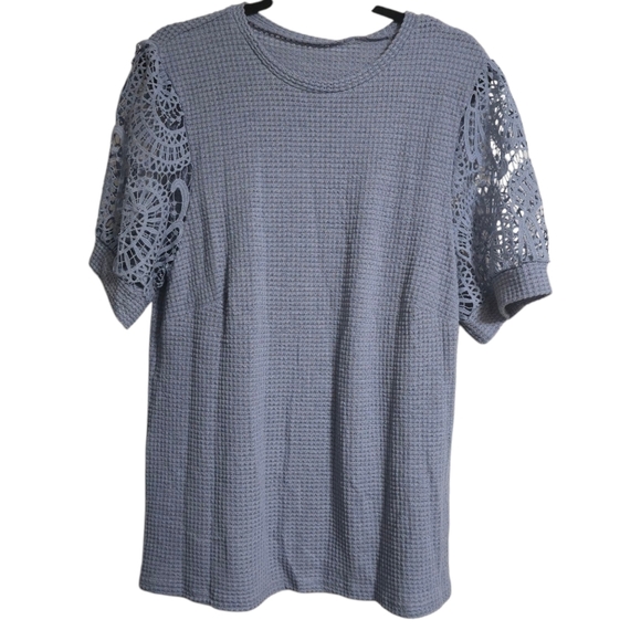 Pink Wear Tops - Women's Blue Knit Lace Sleeve Top Plus Size NWT